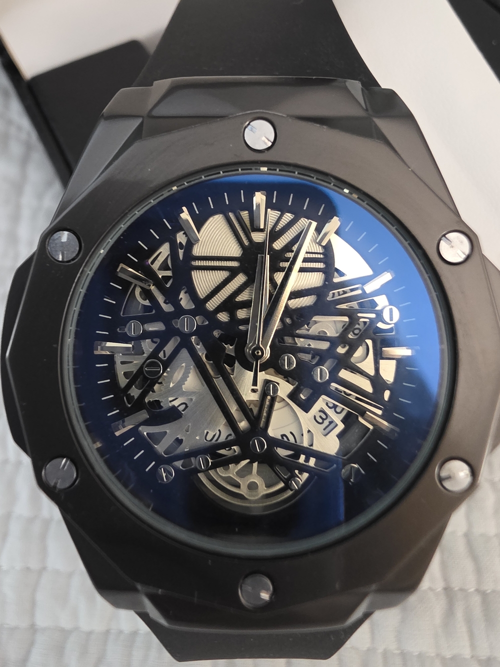 Men's Black Skeleton Dial Watch with Blue Accent